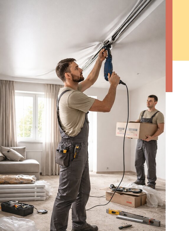 Монтаж сатинового натяжного потолка в Белой Калитве от 3630 руб. | Быстро, недорого — ОТДЕЛОЧНИК-Бкл