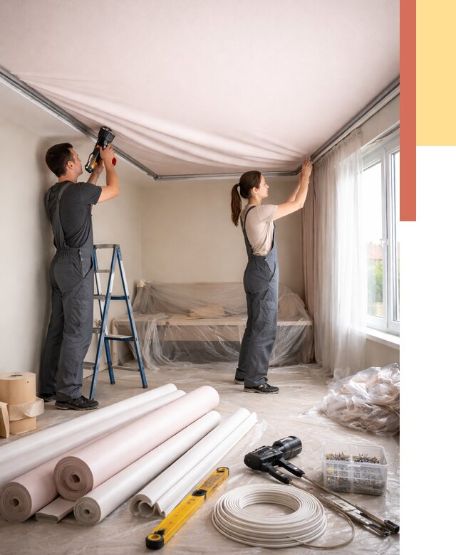 Монтаж цветного натяжного потолка в Белой Калитве от 4356 руб/м² — быстро и недорого | ОТДЕЛОЧНИК-Бкл